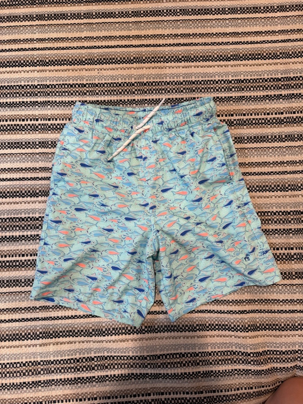 Caribbean Joe Light Blue Swim Trunks with Navy and Coral Fish Print